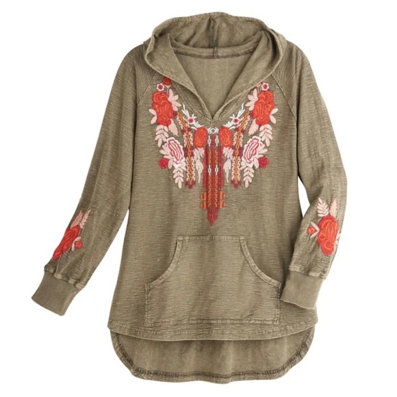Avani del Amour - Embroidered Washed Green Long Sleeve Cotton Tunic Hoodie - 2X - Picture 2 of 14